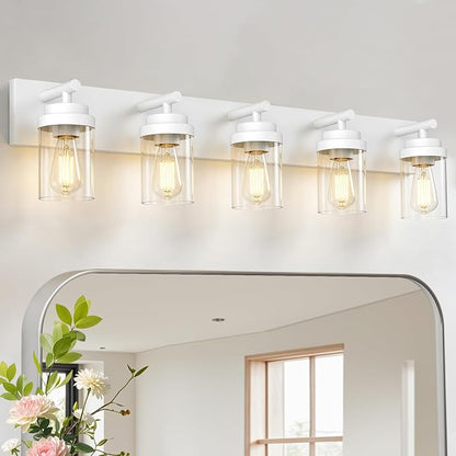 IZORRO Bathroom Vanity Light Fixture, 5-Light 36 Inch White Bathroom Light Fixtures Over Mirror, with Clear Glass Shade, Modern Farmhouse Vanity Lights, Rustic Restroom Lighting Fixtures