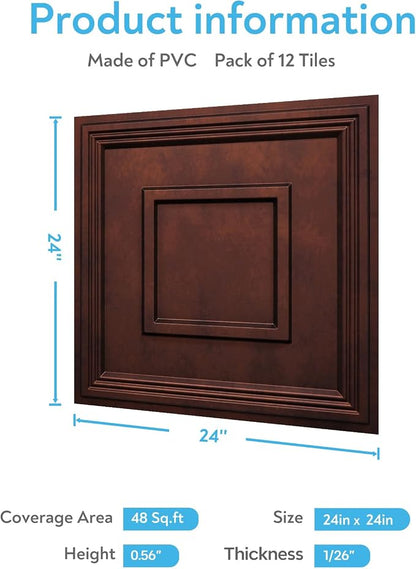 STICKGOO Glue Up Ceiling Tiles, 24x24 Inch PVC Decorative Drop Ceiling Tile Antique Copper 48 Sq. Ft, Pack of 12 Tiles
