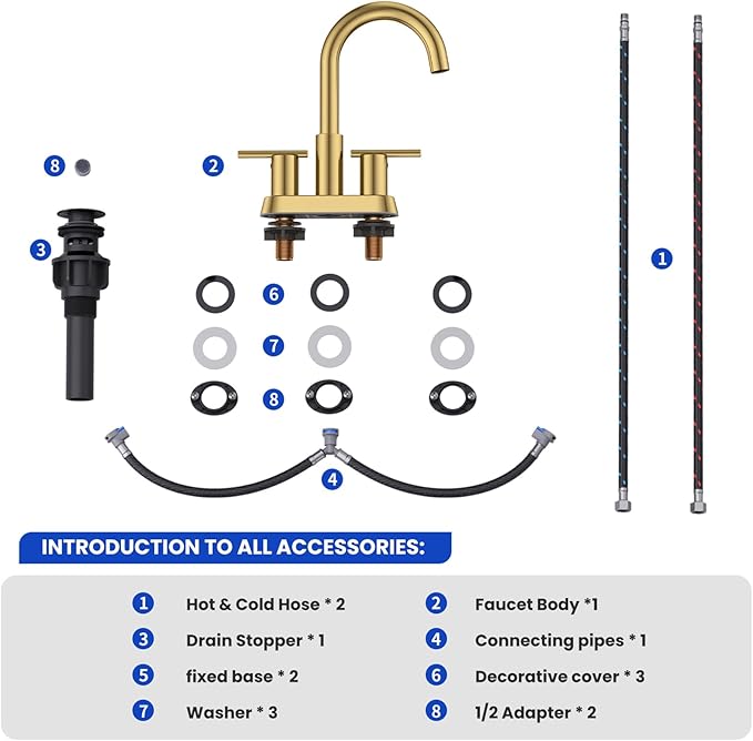 Hurran 4 Inch Bathroom Faucet for Sink 3 Hole, Gold Bathroom Faucet with Pop-up Drain and 2 Supply Hoses,Stainless Steel Lead-Free 2-Handle Centerset Faucet for Sink Vanity RV