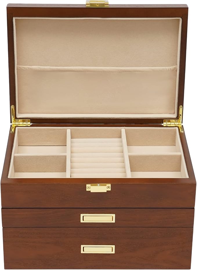 Wooden Jewelry Box for Women, 3 Layers Large Wooden Jewelry Organizer Box Watches Necklace Ring Storage Box for Women (Brown 3 Layer)