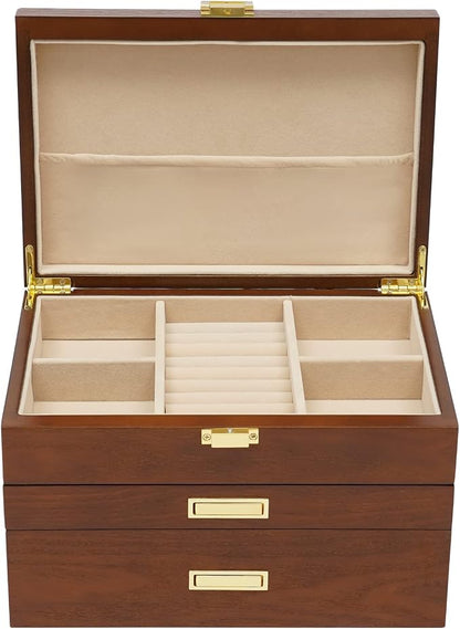 Wooden Jewelry Box for Women, 3 Layers Large Wooden Jewelry Organizer Box Watches Necklace Ring Storage Box for Women (Brown 3 Layer)