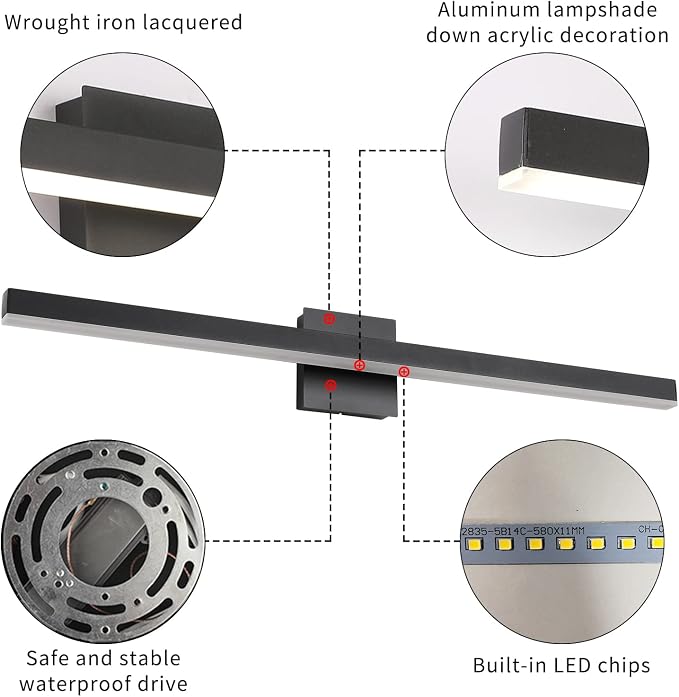 Joossnwell 35.4 inch Black Vanity Light Fixtures Industrial Bathroom Lighting Aluminum LED Sconce Lights for Over Mirror 22W 6000K