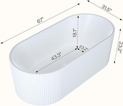 59 Inch Acrylic Freestanding Bathtub, Deep Soaking Tub with Non-Slip Base, cUPC Certified Free Standing Tub, Chrome Drain Bath Tub, Modern Tub for Bathrooms, White