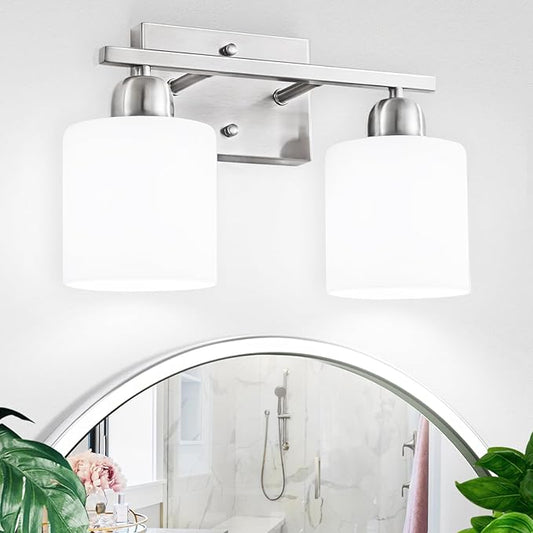 Brushed Nickel Bathroom Light, 2 Light Bathroom Vanity Light Brushed Nickel, Vanity Lamp with Milky White Frosted Glass Shades, E26 Socket