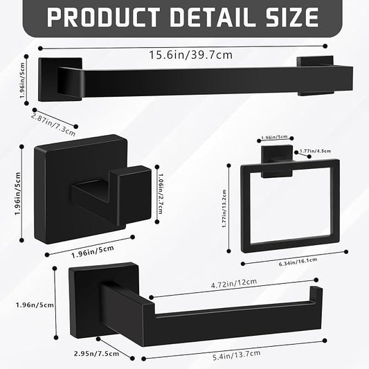 Matte Black Bathroom Hardware Accessories Set of 10 Pieces, 15.6 Inch Bath Towel Bar Set, 304 Stainless Steel Bathroom Hardware Set, Towel Racks for Bathroom Wall Mounted