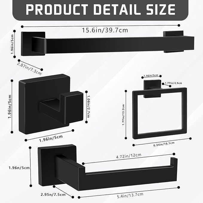 Matte Black Bathroom Hardware Accessories Set of 5 Pieces, 15.6 Inch Bath Towel Bar Set, 304 Stainless Steel Bathroom Hardware Set, Towel Racks for Bathroom Wall Mounted (Pack of 2)