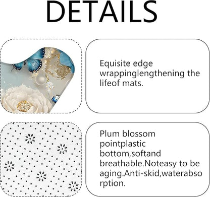 Chrainy 4pcs Rose Butterflies Shower Cutain Set Bathroom Decor with Rugs | Floral Bath Accessories with Waterproof Curtain, Bath Mat, Toilet Lid Cover, U-Shaped Rug and 12 Hooks for Washroom, 71*71in