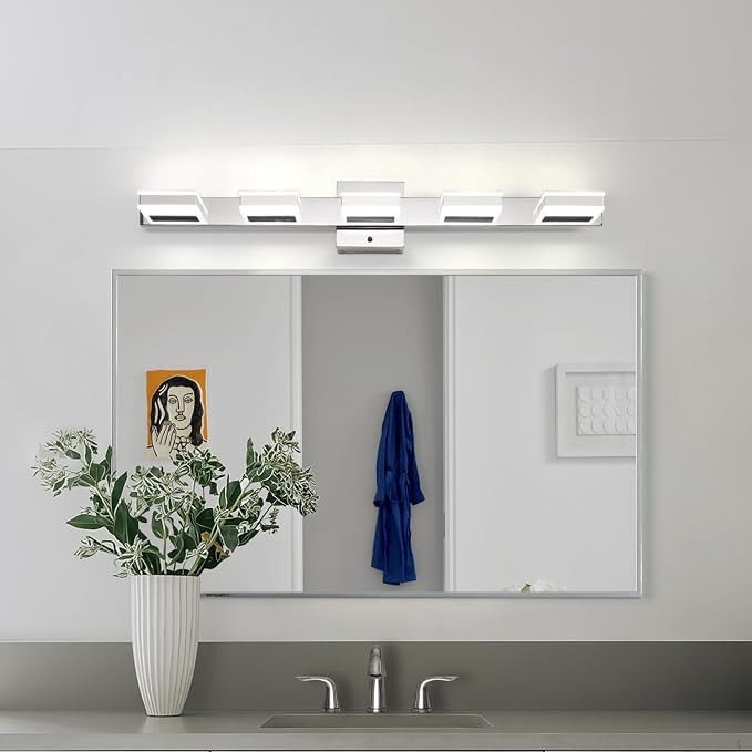 mirrea 32" 5 Light 3CCT LED Chrome Bathroom Vanity Light Fixture | Over Mirror,Bathroom Lighting,3000K/4000K/5000K ,Dimmable,Rust-resistant,Moisture-resistant,Acrylic shade,Wall Mount