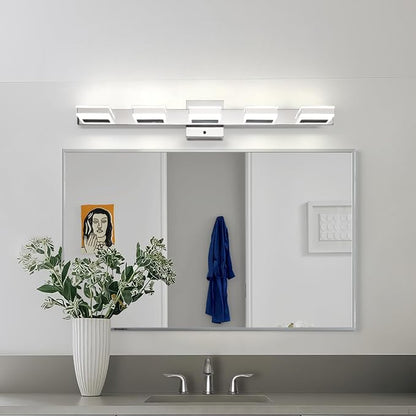 mirrea 32" 5 Light 3CCT LED Chrome Bathroom Vanity Light Fixture | Over Mirror,Bathroom Lighting,3000K/4000K/5000K ,Dimmable,Rust-resistant,Moisture-resistant,Acrylic shade,Wall Mount
