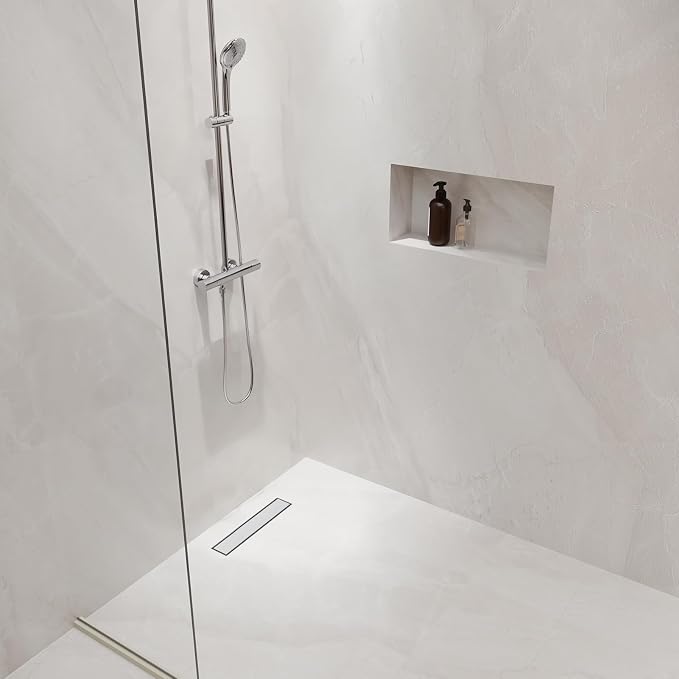 DLONE® Linear Shower Drain - 18 Inch Brushed Nickel, with Tile Insert Panel | AISI 304 Stainless Steel Linear Drain, Rectangle Shower Floor Drain, with Adjustable Feet, Fits Bathroom & Balcony etc