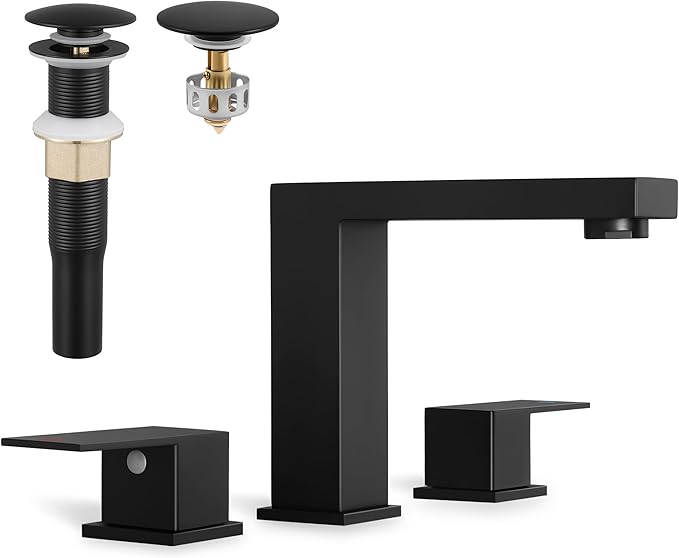 KES All Metal Black Bathroom Faucets with Pop Up Drain NO Overflow, 8 Inch Square Widespread Bathroom Sink Faucet 3 Hole, Vanity Faucet SUS 304 Stainless Steel Matte Black, L4350LFF12-BK-C2