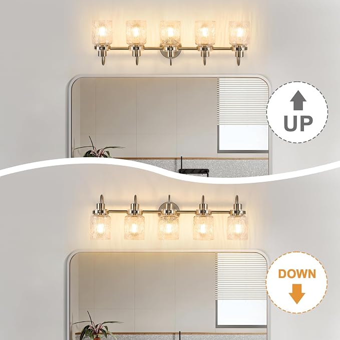 5 Lights Bathroom Vanity Light, Brushed Nickel Bathroom Light Fixtures with Hammered Glass Lampshade for Dressing Table,Over Mirror,Hallway