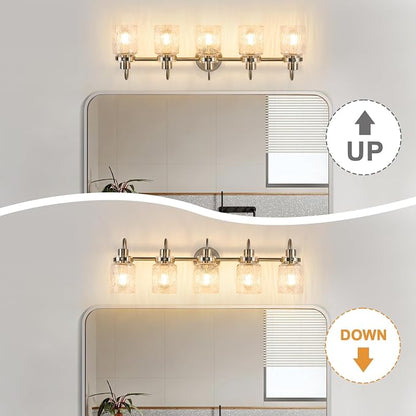 5 Lights Bathroom Vanity Light, Brushed Nickel Bathroom Light Fixtures with Hammered Glass Lampshade for Dressing Table,Over Mirror,Hallway