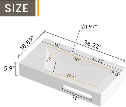 QJ&XY Resin Bathroom Sink 36" Wall Mounted V-Shaped White Basin with Towel Rack, Floating Vanity Sink in Soft-Touch Finish (Single Tier)