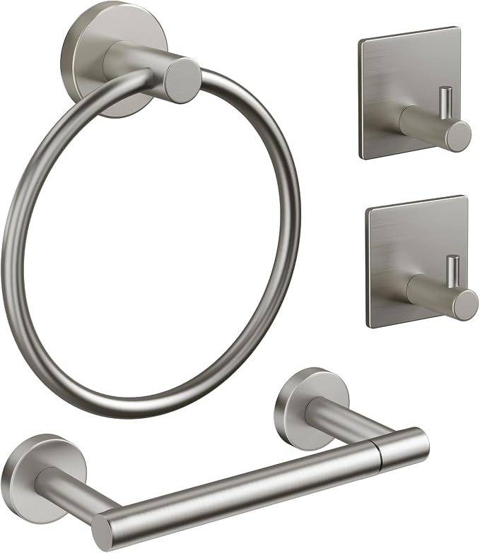 Pokim Brushed Nickel Bathroom Hardware Set - SUS304 Stainless Steel Toilet Paper Holder,Towel Ring and 2 Robe Hooks,Rustproof,Wall Mounted 4 Piece Bathroom Accessories,Easy Installation for Bathroom