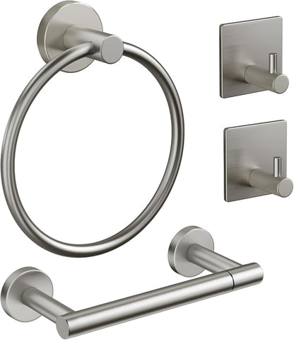 Pokim Brushed Nickel Bathroom Hardware Set - SUS304 Stainless Steel Toilet Paper Holder,Towel Ring and 2 Robe Hooks,Rustproof,Wall Mounted 4 Piece Bathroom Accessories,Easy Installation for Bathroom