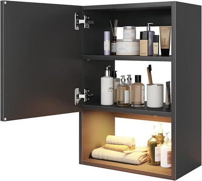 Wall Mounted Storage Cabinets with Lights, Over-The-Toilet Storage Vanity, Bathroom Medicine Organizer Adjustable Shelves Cabinet for Small Spaces (Black)