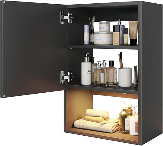 Wall Mounted Storage Cabinets with Lights, Over-The-Toilet Storage Vanity, Bathroom Medicine Organizer Adjustable Shelves Cabinet for Small Spaces (Black)