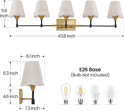 Black Gold Bathroom Vanity Light: 5 Light Vanity Lighting Fixtures with Flared Fabric Shade, Farmhouse Bathroom Lighting Fixtures over Mirror, Wall Sconce Lights for Bedroom Hallway Living Room