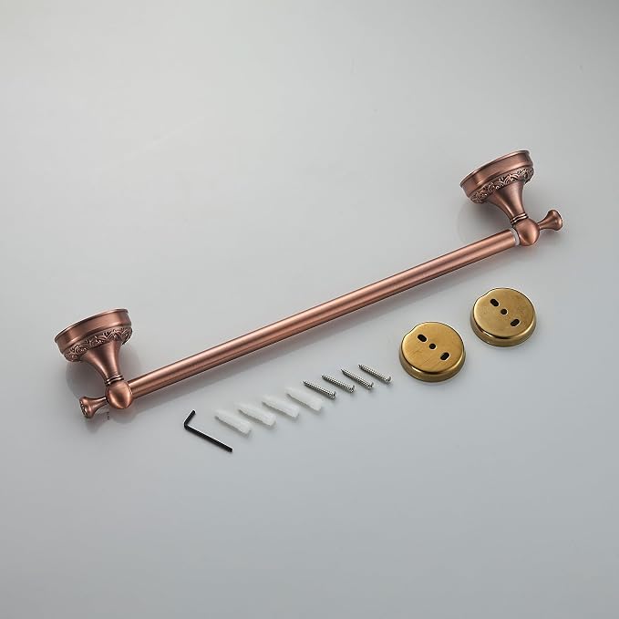 Red Copper Towel Bar, Adjustable 15.5 to 27.5 Inch Bath Towel Rack for Bathroom Towel Holder, Wall Mounted Black Bathroom Hardware Accessories,Pattern Carving Design
