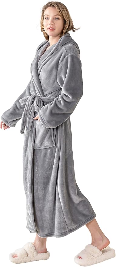 Robes for Women - Hooded Plush Fleece Bathrobe with Sash & Pockets, Full-Length Lightweight Spa Robe