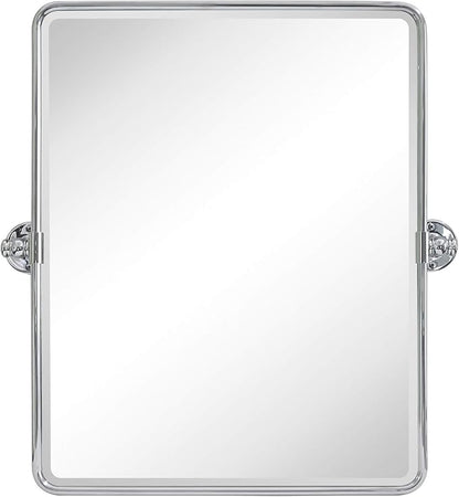Farmhouse Chrome Metal Framed Pivot Rectangle Bathroom Mirror Rounded Rectangluar Tilting Beveled Vanity Mirrors for Wall, Overall 22.91 x 24 inches (Mirrror 19 x 24 inches)