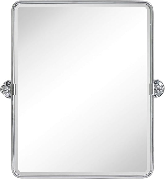 Farmhouse Chrome Metal Framed Pivot Rectangle Bathroom Mirror Rounded Rectangluar Tilting Beveled Vanity Mirrors for Wall, Overall 22.91 x 24 inches (Mirrror 19 x 24 inches)