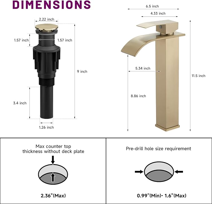 Vessel Sink Faucet Brushed Gold Waterfall Bathroom Faucet with Pop Up Drain | Stainless Steel,Single Handle One Hole Deck Mount,Bowl Vanity Sink Faucet,with 3/8" Supply Hose,Lead-Free by Bathfinesse
