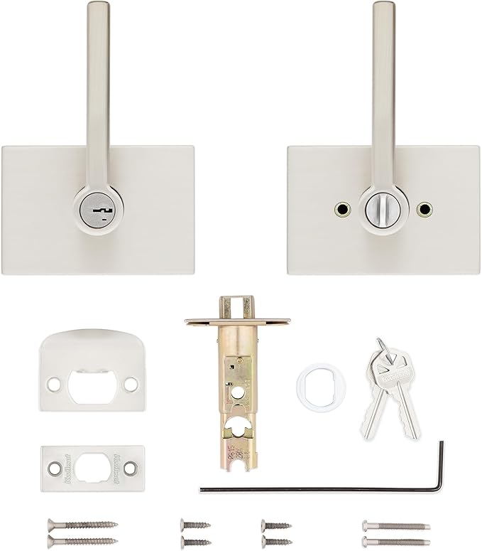 Kwikset Halifax Entry Door Handle with Lock and Key, Secure Keyed Reversible Lever Exterior, for Front Entrance and Bedrooms, Satin Nickel, Pick Resistant Smartkey Rekey Security and Microban