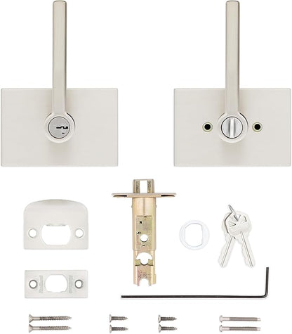 Kwikset Halifax Entry Door Handle with Lock and Key, Secure Keyed Reversible Lever Exterior, for Front Entrance and Bedrooms, Satin Nickel, Pick Resistant Smartkey Rekey Security and Microban