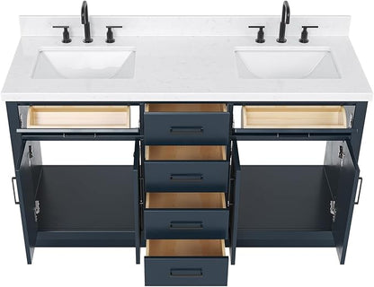 ARIEL Hepburn 60-inch Bathroom Vanity with Sink,Solid Wood, 1.5-inch Carrara White Quartz Countertop, Double Rectangular Porcelain Sink, 4 Soft Closing Doors, 6 Dovetail Drawers, Midnight Blue