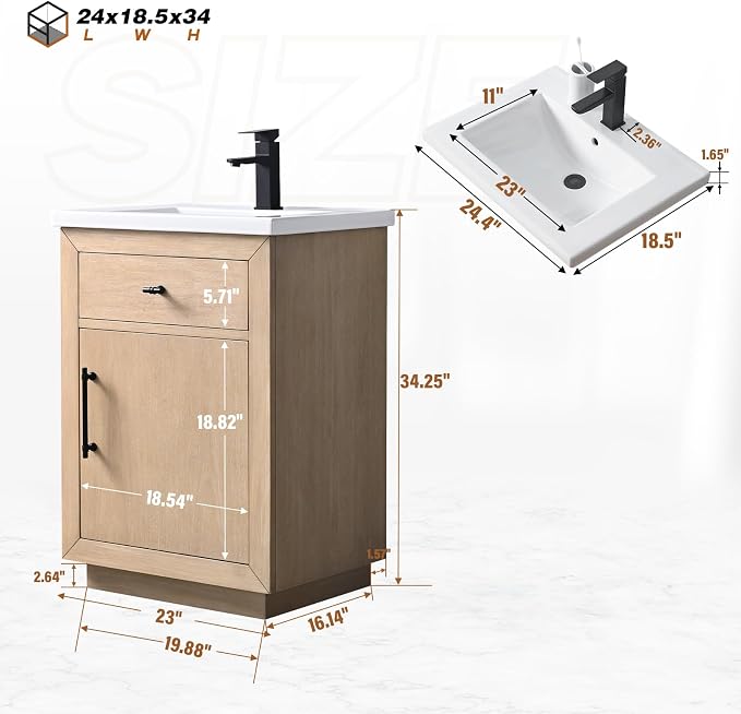 24 Inch Bathroom Vanity with Single Sink & Ceramic Top, MDF Material Vanity Cabinet with Basin Combo, Soft-Closing Doors, Removable Shelf, Backsplash