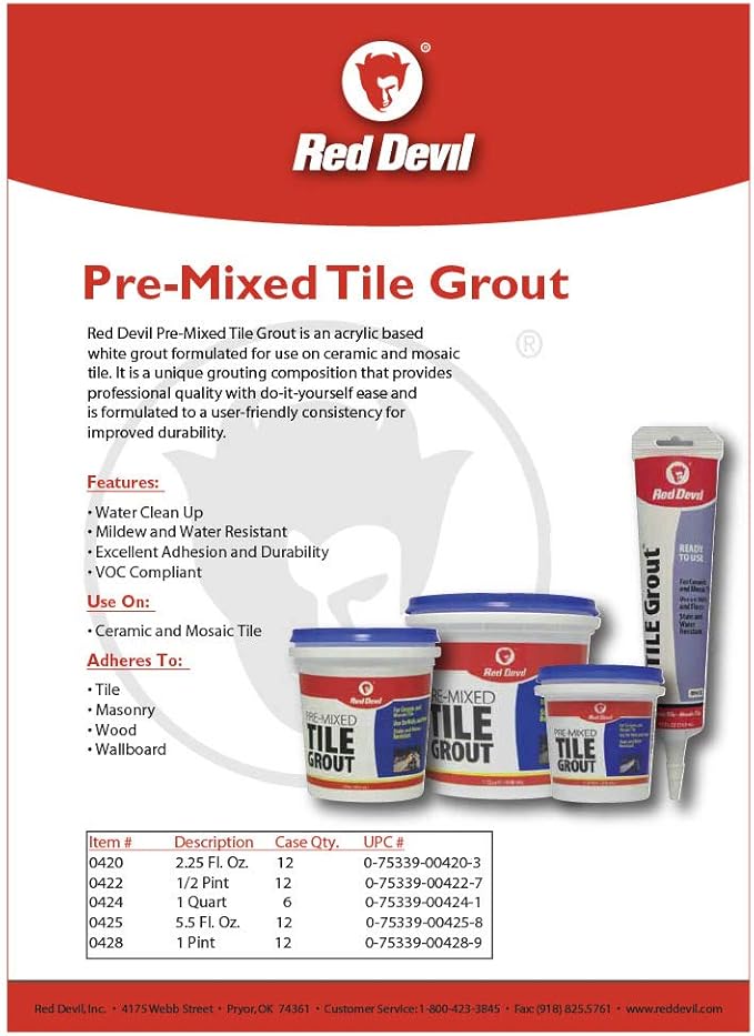 Red Devil 0424 Pre-Mixed Tile Grout - Professional Quality, Excellent Adhesion, Ideal for Wall & Floor Use - 1 Quart, White, Pack of 6, Made in USA