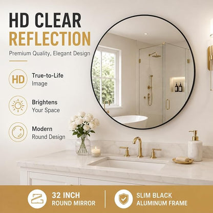 Garvee 24 Inch Round Wall Mirror Black Metal Frame Circle Bathroom Mirror Decor