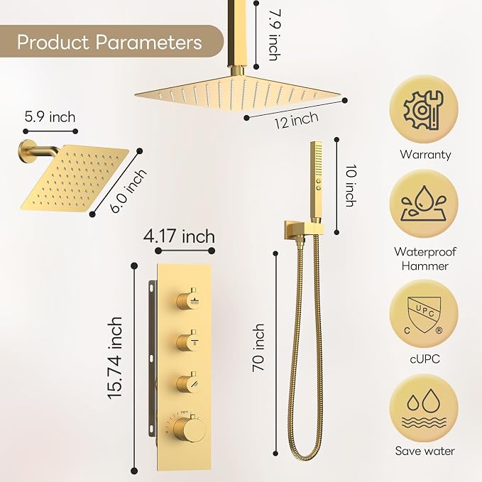 Shower Faucet Set,Thermostatic Shower System Brushed Gold,12 Inch Ceiling Mounted and 6 Inch Wall Mount Rain Shower Head with 2 in 1 Handhled,High Pressure Dual Shower Head Combo Set