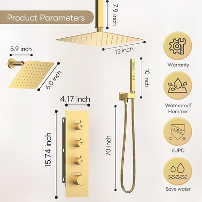 Shower Faucet Set,Thermostatic Shower System Brushed Gold,12 Inch Ceiling Mounted and 6 Inch Wall Mount Rain Shower Head with 2 in 1 Handhled,High Pressure Dual Shower Head Combo Set
