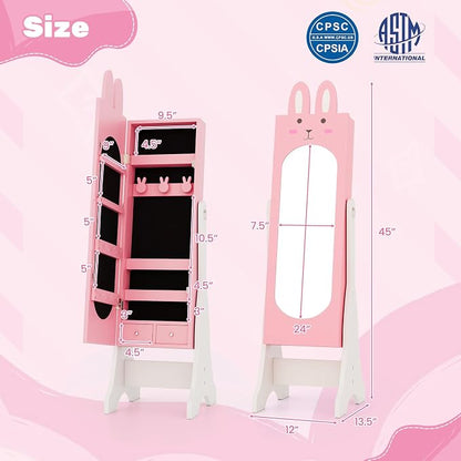 HONEY JOY Kids Jewelry Armoire Cabinet, Rabbit Themed Wooden Standing Jewelry Organizer w/Full-length Mirror and Storage Drawers, Children Dress Up Jewelry Cabinet for Little Girls (Pink)