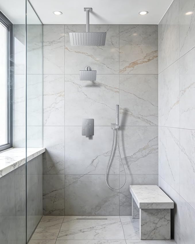 Rain Shower System 12" & 6" Dual Shower Heads Ceiling Shower Faucet Set | Ideal for bathroom remodels and upgrades with 12" rain shower, 6" angled shower, handheld spray and complete valve kit.