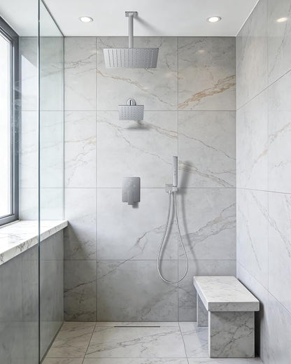 Rain Shower System 12" & 6" Dual Shower Heads Ceiling Shower Faucet Set | Ideal for bathroom remodels and upgrades with 12" rain shower, 6" angled shower, handheld spray and complete valve kit.