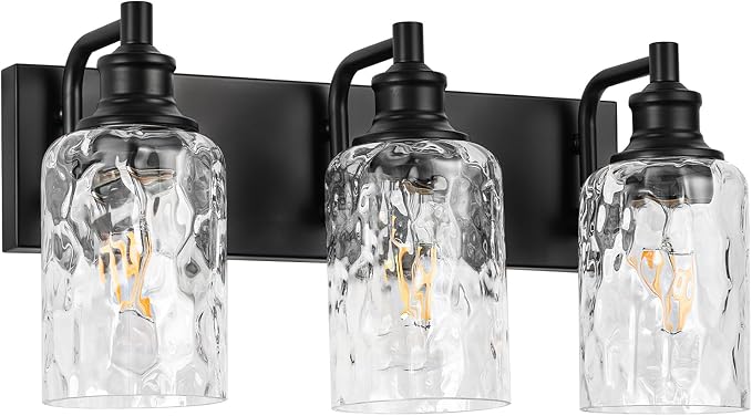 Bathroom Light Fixtures Over Mirror, 3 Lights Vanity Lights with Hammered Glass Shade, 17.8" Matte Black Farmhouse Bathroom Light Fixtures for Bedroom, Porch, Hotel, Mirror Cabinet