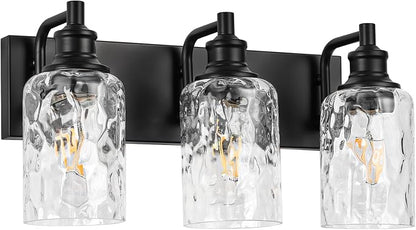 Bathroom Light Fixtures Over Mirror, 3 Lights Vanity Lights with Hammered Glass Shade, 17.8" Matte Black Farmhouse Bathroom Light Fixtures for Bedroom, Porch, Hotel, Mirror Cabinet