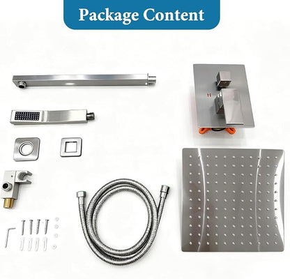 Brushed Nickel Square Rainfall Shower Head Set with Handheld, 10" | 10 Inch Square Head, With Shower Valve, Rustproof Brushed Nickel, High Pressure Raindrop