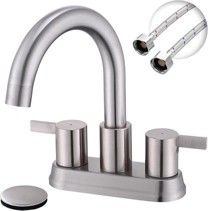 Two Handle 4 inch Brushed Nickel Bathroom Faucet, Bathroom Sink Faucet for 3 Holes with Pop-up Drain and 2 Supply Hoses, Lead-Free