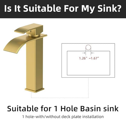 Rywuanku Tall Brushed Gold Bathroom Faucet Waterfall Spout, Single Handle Sink Faucet with Pop-up Drain & Deck Plate, Modern 1 Hole Vanity Faucet for Vessel Sink