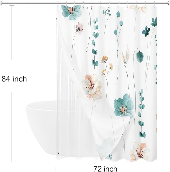 Extra Long 3 in 1 Shower Curtain Set, Watercolor Floral Bath Curtain and PEVA Liner Set with 12 Double Sided Steel Hooks, Modern Waterproof Fabric Bathroom Curtain 72x84, Teal