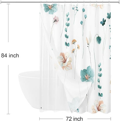 Extra Long 3 in 1 Shower Curtain Set, Watercolor Floral Bath Curtain and PEVA Liner Set with 12 Double Sided Steel Hooks, Modern Waterproof Fabric Bathroom Curtain 72x84, Teal