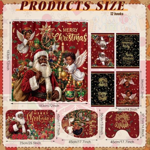 FuWeave 8 Pcs Merry Christmas Shower Curtain Set, Black Santa Angel Xmas Tree Red Plaid Farmhouse Bathroom Decor, Non-Slip Bath Rug, U Contour Mat, Toilet Lid Cover, Hand Towels & 12 Hooks