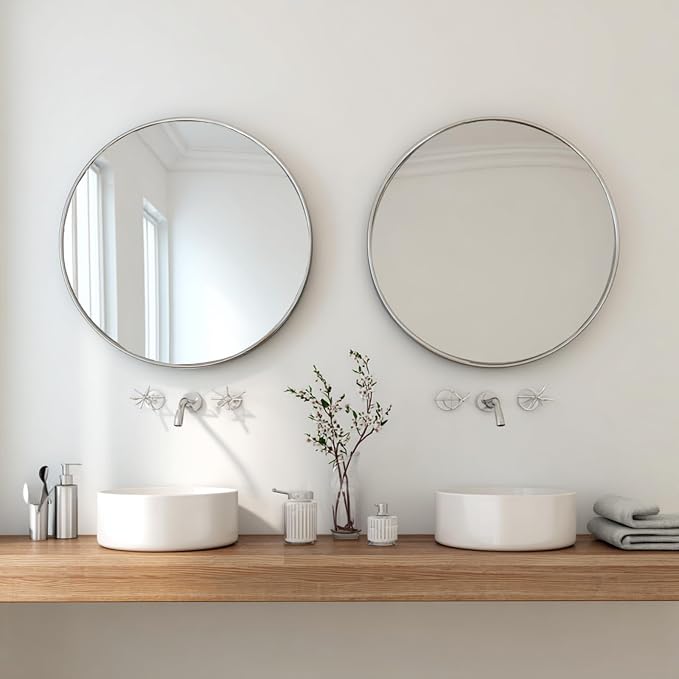 Silver Bathroom Mirror 30 inch, 2 Pack Wall Mirror with Metal Frame | High Definition Mirror, Easy Installation, Circular Mirrors for Living room Cloakroom, Hallway, Bathroom