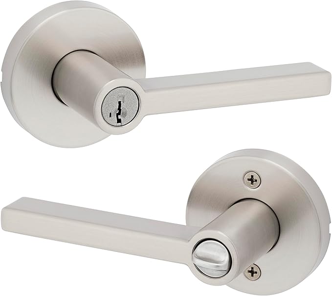 Kwikset Halifax Entry Door Handle with Lock and Key, Secure Round Keyed Reversible Lever Exterior, for Front Entrance and Bedrooms,Satin Nickel, Pick Resistant Smartkey Rekey Security and Microban