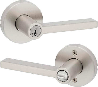 Kwikset Halifax Entry Door Handle with Lock and Key, Secure Round Keyed Reversible Lever Exterior, for Front Entrance and Bedrooms,Satin Nickel, Pick Resistant Smartkey Rekey Security and Microban